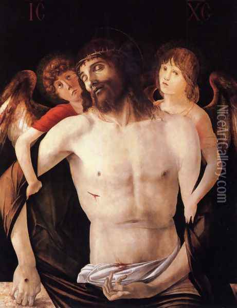 The Dead Christ Supported By Two Angels Oil Painting - Giovanni Bellini