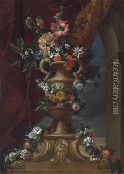 A Roses, Peonies, Orange Blossom, Jasmine, Ranunculi And Other Flowers In A Sculpted Urn On A Pedestal, Before A Draped Curtain Oil Painting - Jean-Baptiste Monnoyer