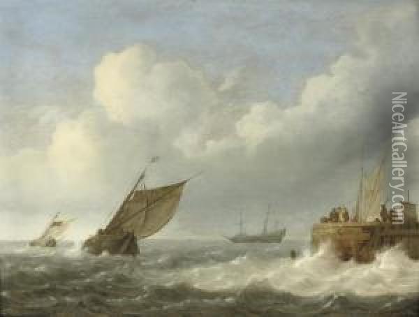 Sailing Vessels In Choppy Waters With Figures On A Quaynearby Oil Painting - Jan Porcellis