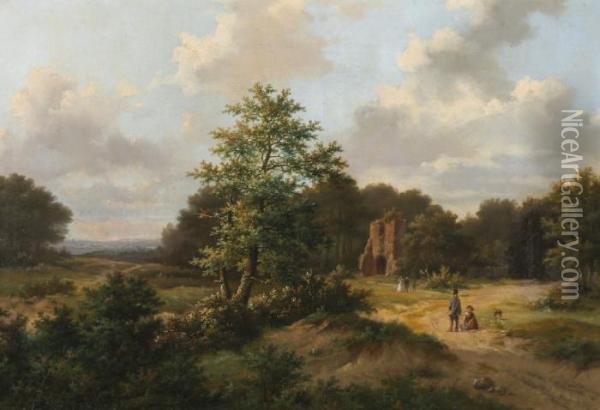 Zomers Landschap Met Figuren Bij Een Ruâ€¹ne Oil Painting - Hendrik Pieter Koekkoek