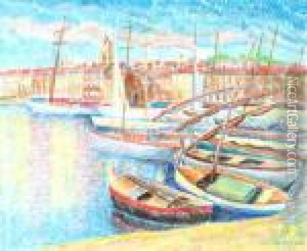 Barques Au Port De St Tropez Oil Painting - Pierre De Belay
