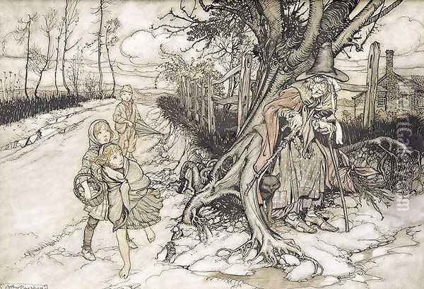 Children startled by a Witch Oil Painting - Arthur Rackham
