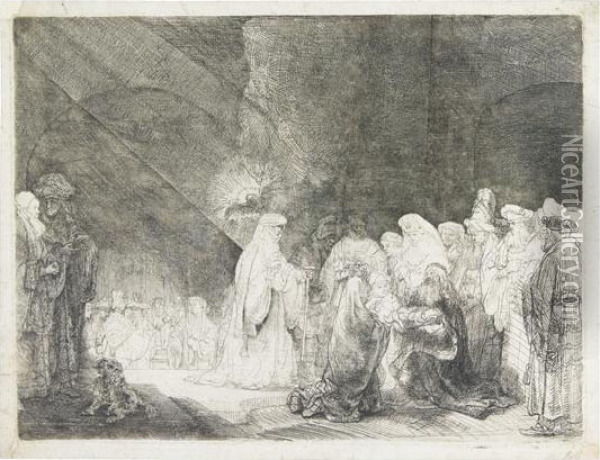 The Presentation In The Temple: Oblong Print. Oil Painting - Rembrandt Van Rijn