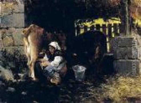 Ordenando La Vaca Oil Painting - Salvador Martinez Cubells