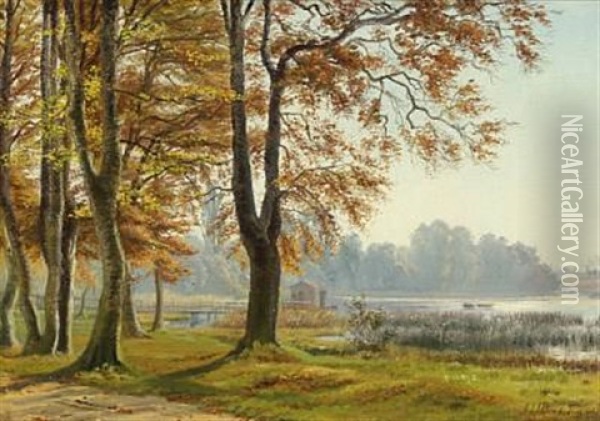 Autumn Scene By A Lake Oil Painting - Johan Ulrik Bredsdorff