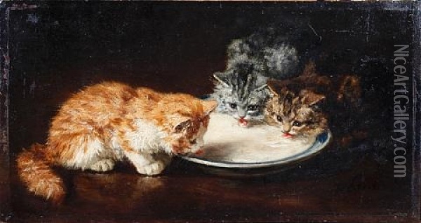 Three Kittens With A Bowl Of Milk Oil Painting - Marie Yvonne Laur