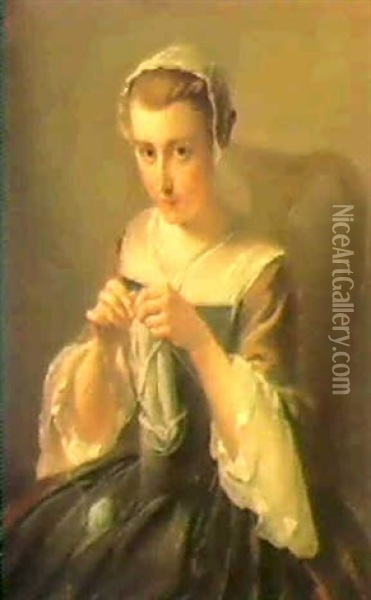 A Portrait Of A Young Girl Knitting Oil Painting - Philip Mercier
