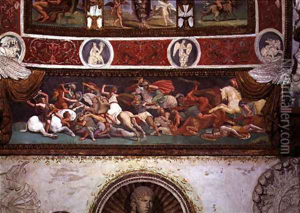 Camera delle Aquile, detail of the frieze depicting the battle between the Greeks and the Amazons, 1528 Oil Painting - Giulio Romano (Orbetto)