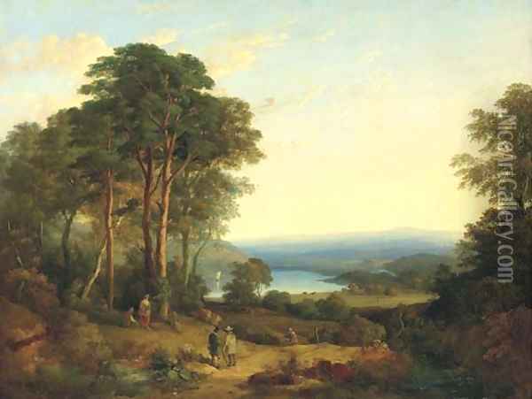 An extensive wooded landscape, with figures in the foreground and a lake beyond Oil Painting - Thomas Gainsborough