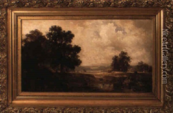 The Day's Labors/ A Panoramic Landscape With Figures, Cottages And Wagon Oil Painting - Benjamin Champney