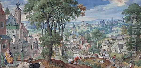 Panoramic Landscape with Parable of The Rich Man and view of the city of Brussels 1585 Oil Painting - Hans Bol