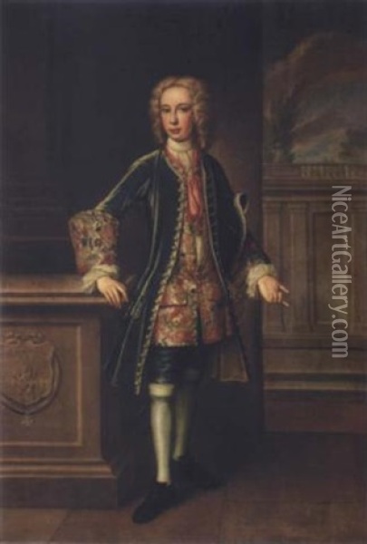 Portrait Of A Boy, A Member Of The Nicolini Family, Standing, Wearing A Green Coat With Elaborately Embroidered Cuffs, An Embroidered Waistcoat, Holding His Hat Beneath His Arm Oil Painting - Bartholomew Dandridge