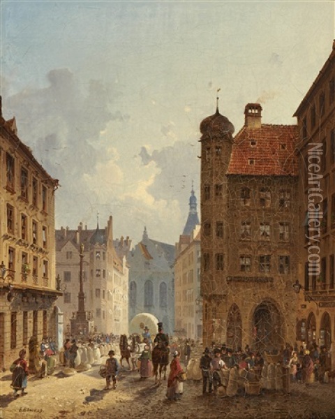 Munchen - Blick Von Der Kaufingerstrase Auf Das Alte Rathaus Oil Painting - Friedrich Eibner