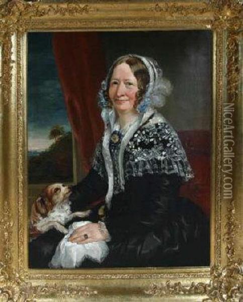 A Portrait Of A Victorian Lady And Her Pet Spaniel Oil Painting - Annie Dixon