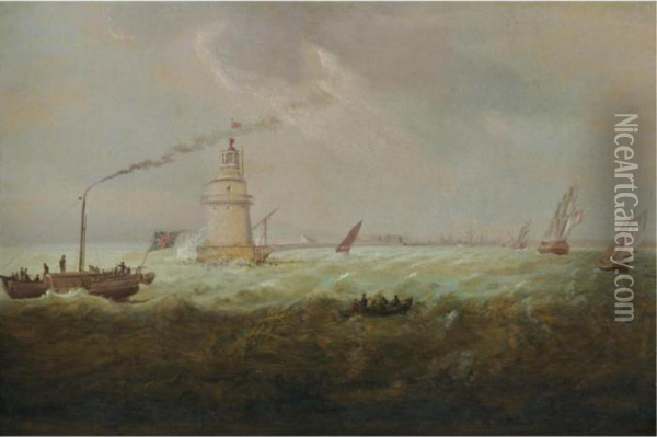 A Steamboat And Naval Squadron Sailing Past Poolbeg Lighthouse, Dublin Bay Oil Painting - William II Sadler