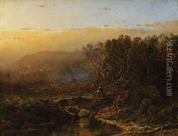 Fishing At Sunrise
Landscape Oil Painting - William Louis Sonntag