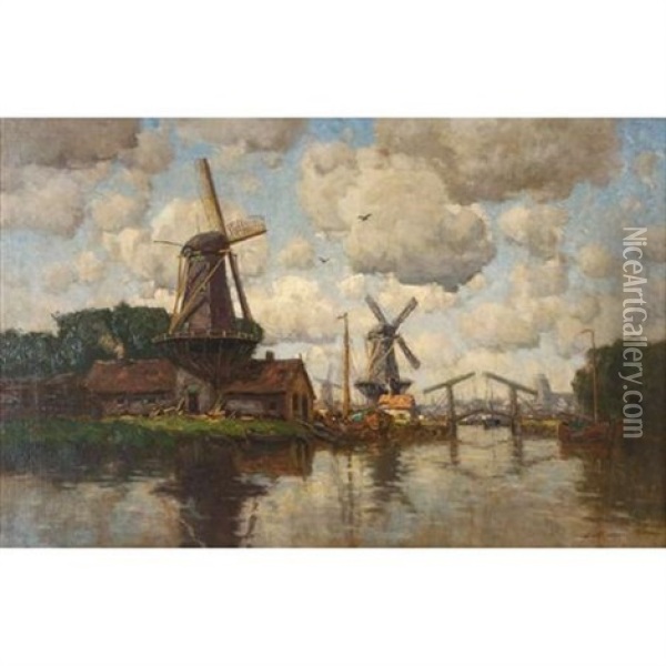 Windmills Along A Canal Oil Painting - Hermanus Koekkoek the Younger