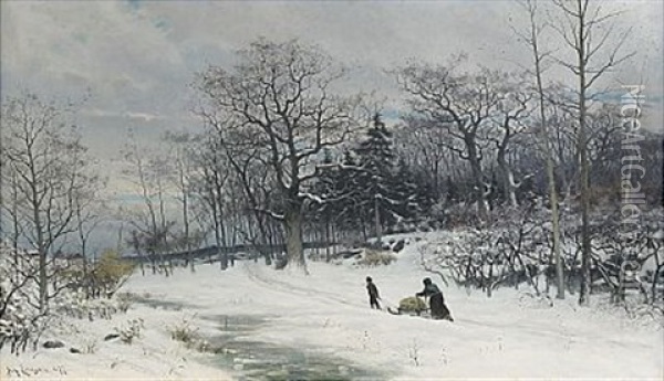 Vinterlandskap I Skymning Oil Painting - Johan Ericson