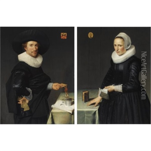A Portrait Of Willem Reyersz De Langue, Holding Gloves In His Right Hand And Notary Papers In His Left (+ A Portrait Of His Wife Maria Pijnacker; Pair) Oil Painting - Willem Willemsz van der Vliet