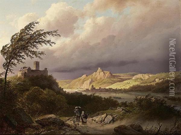 Travellers On A Path In A Rhine Landscape Oil Painting - Barend Cornelis Koekkoek