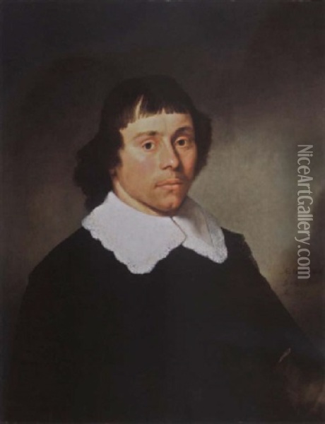 A Portrait Of A Young Man, Aged 24, Wearing A Black Coat And A White Lace Collar Holding A Glove In His Left Hand Oil Painting - Jacob Gerritsz Cuyp