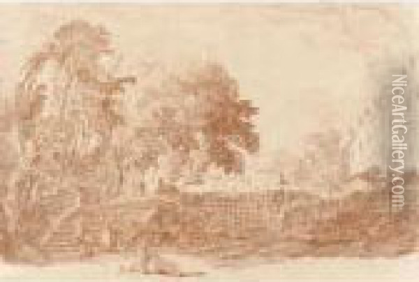 Figures In A Wooded Park, A Lady With A Wheelbarrow In The Foreground Oil Painting - Jean-Honore Fragonard