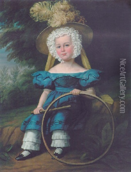 Portrait Of A Small Child In A Landscape Wearing A Blue Costume And Feathered Hat And Holding A Hoop And Stick Oil Painting - James Millar