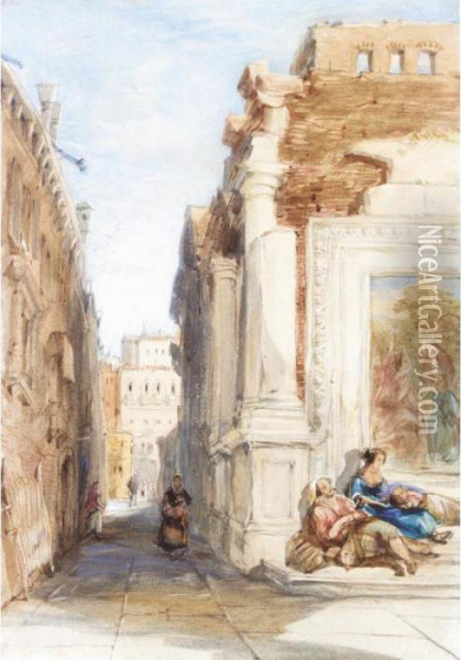 Figures On A Street In Venice Oil Painting - James Holland