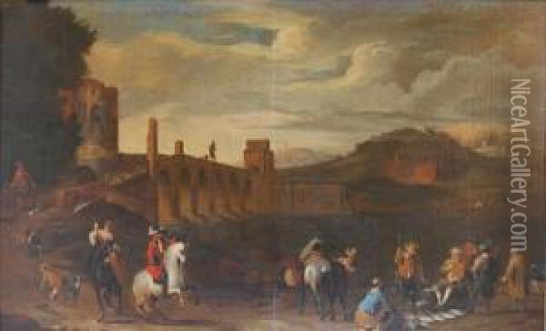 Veduta Di Ponte Nomentano A Roma Con Figuree Scenetta Di Mercato Oil Painting - Peeter van Bredael