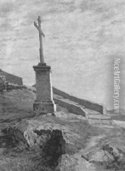 Kreuz Am Cap Bordighera Mit Steintreppe Im Hintergrund Oil Painting - Jean-Baptiste-Arthur Calame