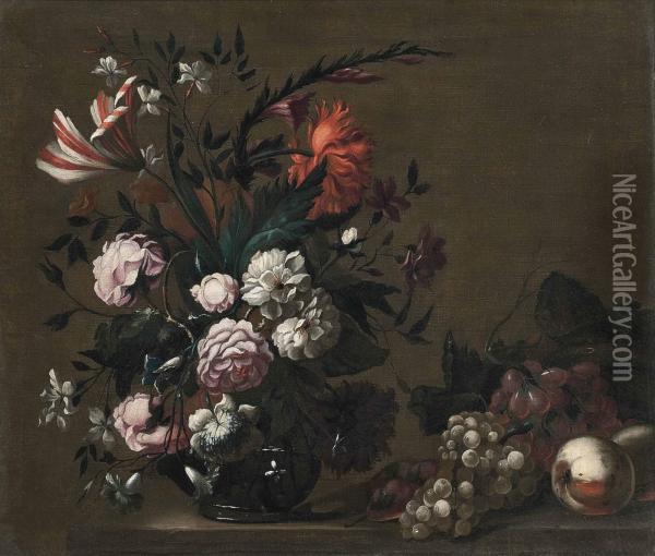 Roses, A Parrot Tulip, Chrysanthemums And Other Flowers In A Glass Vase Oil Painting - Jakob Bogdani Eperjes C