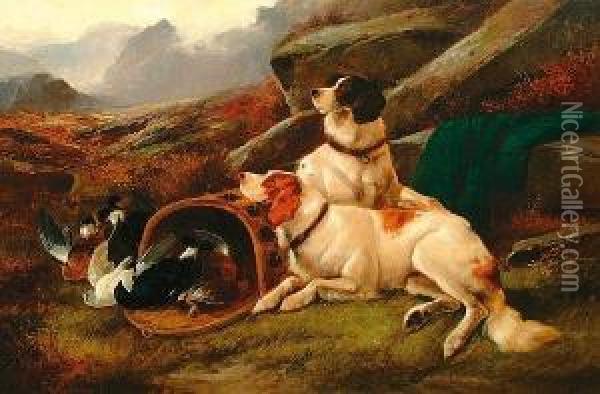 Two Setters With Dead Game In A Landscape Oil Painting - John Gifford