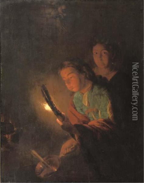 A Young Man Blowing His Torch To Light A Candle Oil Painting - Godfried Schalcken
