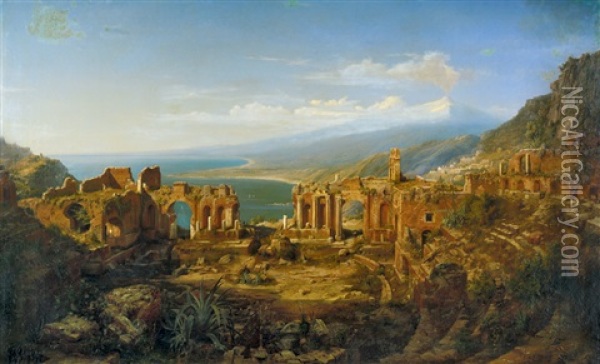 Blick Uber Die Ruinen Des Amphitheaters Von Taormina Auf Sizilien Auf Den Atna Oil Painting - Carl Friedrich Seiffert