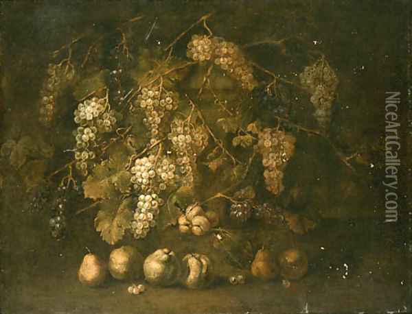 A Grapevine by a stone Plinth with Pears and Peaches on the Ground Oil Painting - Gilardo Da Lodi