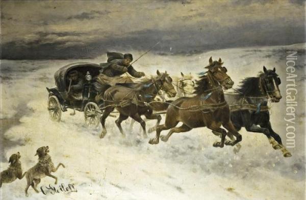 Winterlandschaft Mit Pferdegespann Und Angreifenden Wolfen Oil Painting - Adolf Baumgartner