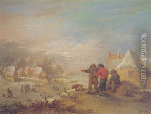A Winter Landscape With Three Peasants Resting, Other Figures On A Frozen River Beyond Oil Painting - Theobald Michau