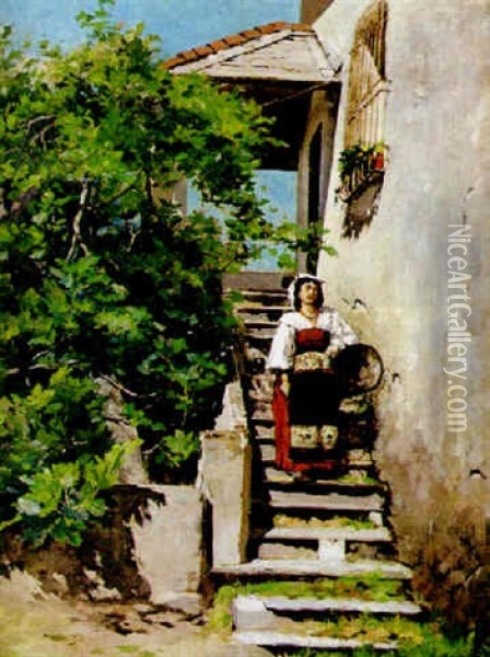 Italiensk Kvinna I Trappa Oil Painting - Georg Pauli