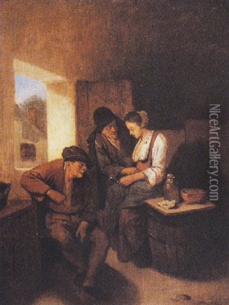 A Lady And Two Men Drinking Near A Window In An Inn Oil Painting - Cornelis Pietersz Bega