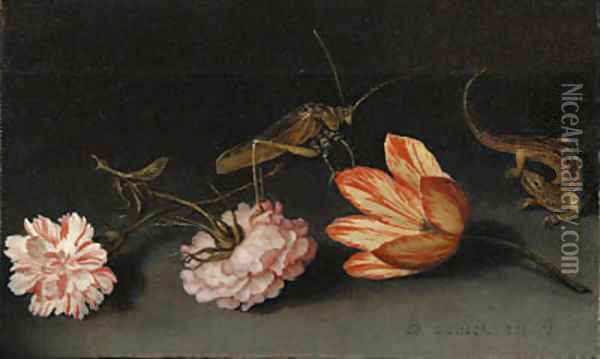 Carnations, a parrot tulip, a grasshopper and a lizard on a ledge Oil Painting - Balthasar Van Der Ast