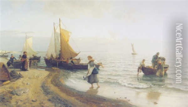 Fiskere Pa Rugen Som Bringer Fangsten I Land Oil Painting - Hans Frederick Gude