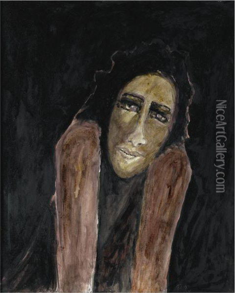 Untitiled (portrait Of A Woman) Oil Painting - Rabindranath Tagore