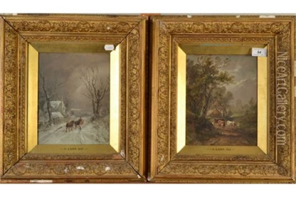 Cattle On A Country Lane/horses On A Snowy Lane (a Pair) Oil Painting - Henry (Sr.) Earp