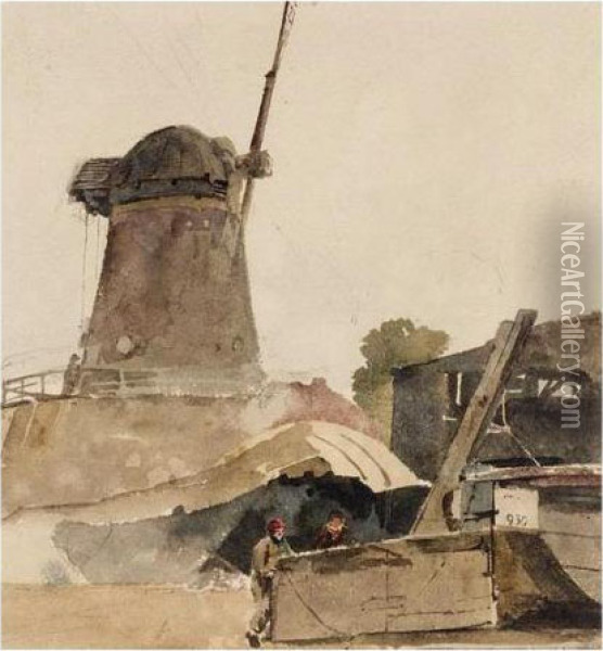 Windmill And Boatmen Oil Painting - Peter de Wint