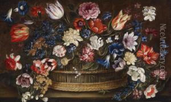 A Still Life With Flowers In A Basket Oil Painting - Giovanni Stanchi