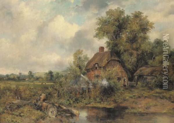 A Cottage In A Wooded Landscape Oil Painting - Frederick Waters Watts