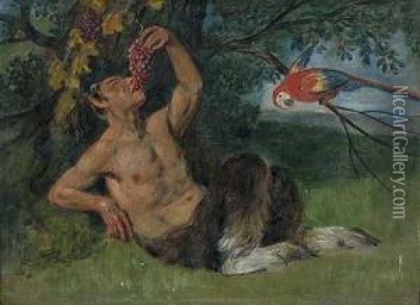 Traubenessender Pan In Landschaft Oil Painting - Adolf Oberlander