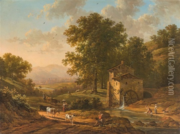 Hirten Und Wascherinnen Vor Einer Muhle In Einer Landschaft Oil Painting - Victor de Grailly