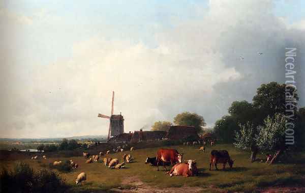 A Panoramic Summer Landscape With Cattle Grazing In A Meadow By A Windmill Oil Painting - Eugene Verboeckhoven