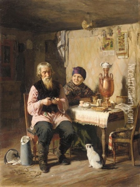Tea Time Oil Painting - Aleksei Ivanovich Korzukhin